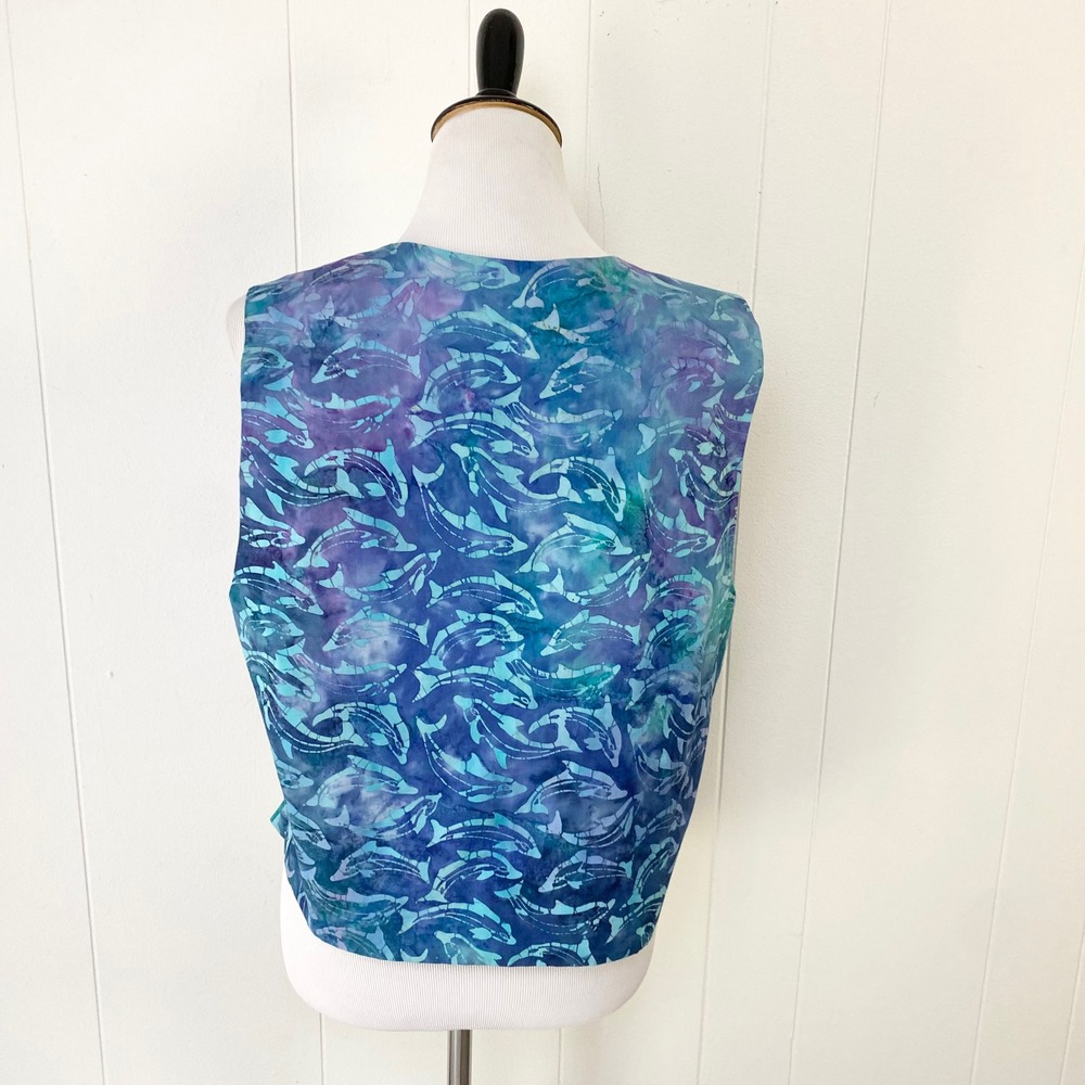 Handmade Batik Reversible Dolphin Vest Blue Teal Purple Open Front Women's M L - Picture 3 of 7